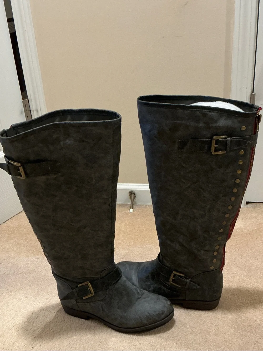 Women's Tall Gray Riding Boots with Red Zip Accent- Extra Wide Calf - 91/2
